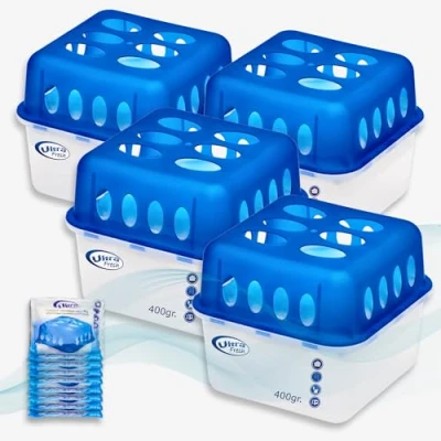 Afbeelding van Smart Planet Set van 4 stuks luchtontvochtiger met 8 navullingen pellets 400 g, duurzaam, voor ruimtes hoge luchtvochtigheid, zonder stroom