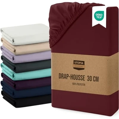 Afbeelding van Utopia Bedding Hoeslaken, met overslag van 30 cm, eenvoudig onderhoud, zachte geborstelde microvezelstof, krimpbestendig en vervaagt niet (140 x 200, Bordeaux rood)