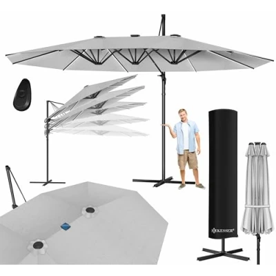 Afbeelding van KESSER® Dubbele parasol 4,6 m x 2,7 m, zweefparasolhoes en windbescherming met zwengel standaard, zwengelparasol van aluminium, waterdicht, kantelbaar 360 draaibaar, Lichtgrijs