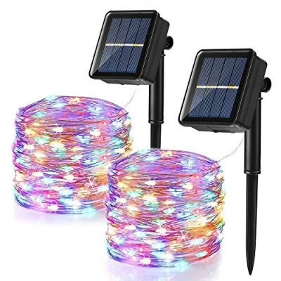 Afbeelding van BrizLabs Lichtsnoer op zonne energie, 12 m, 120 leds, kleurrijk, voor buiten, koperdraad, 8 modi, waterdicht, binnen en tuin, feest, terras, bruiloft