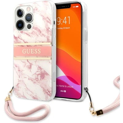 Afbeelding van Roze hoesje van Guess Hardcase Backcover geschikt voor iPhone 13 Pro Max Met Riem Marble