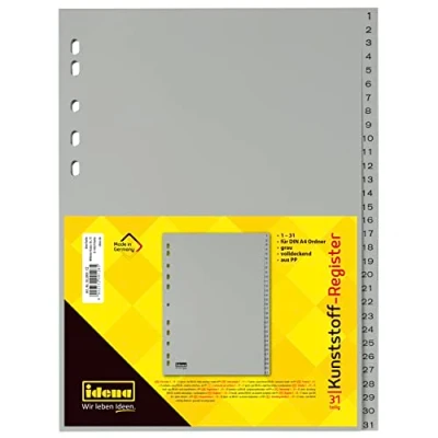 Image de Idena 302009 Lot de 31 intercalaires numérotés 1 à 31, pour format A4, en plastique, couverture complète, gris, pièce