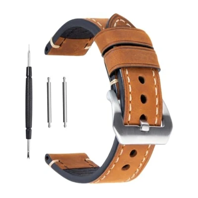 Afbeelding van Reserve polsband van echt leer voor polshorloge, vintage stijl, dames en heren, met gesp roestvrij staal, zwart/bruin, 20 mm/22 mm/24 mm, 24 mm