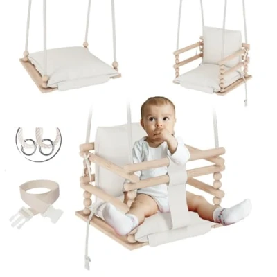 Afbeelding van MAMOI® Baby schommel hout 3 in 1 + VEILIGHEIDSGORDEL Indoor Outdoor binnen CE 100% ECO Made EU