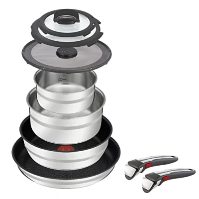 Afbeelding van Jamie Oliver by Tefal L9769932 Ingenio 9 delige roestvrijstalen set met 2 afneembare handgrepen, gecoate pannen, pannen en 3 deksels, geschikt voor inductie