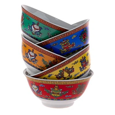 Afbeelding van lachineuse Serie 5 Aziatische rijstkommen Ø 11,5 cm 275 ml Design De 8 boeddhistische betekenisvolle symbolen originele en kleurrijke kommen tradities decoratie cadeau idee
