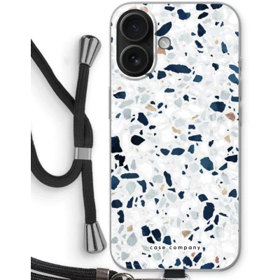 Afbeelding van Case Company® hoesje met Koord geschikt voor iPhone 16 Terrazzo N1 Telefoonhoesje Zwart Bescherming aan alle Kanten en Over de Schermrand
