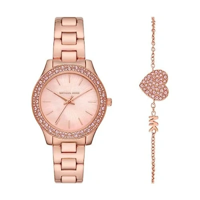 Afbeelding van Michael Kors Liliane dameshorloge, kwartsuurwerk met roestvrijstalen armband, keramiek of leer, Roségoud en lichtroze toon, MK1068SET AMZUK