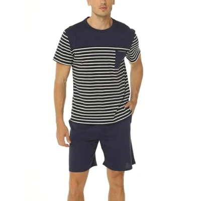 Afbeelding van Reliwel korte pyjama voor heren, tweedelige katoenen zomerpyjama met mouwen, zachte shorts, Navy Blauw
