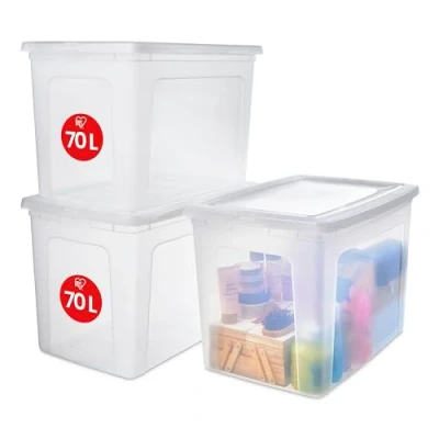 Afbeelding van Iris Ohyama, set van 3 opbergdozen, 70 liter, transparant, stapelbaar, voor in de woonkamer, slaapkamer Modular Clear Box MCB Transparant