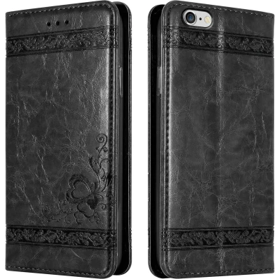 Afbeelding van Cadorabo Hoesje geschikt voor Apple iPhone 6 / 6S in ZWART met ornamenten Beschermhoes magnetische sluiting, standfunctie en kaartvakje Case Cover Etui