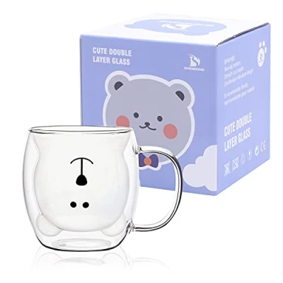Afbeelding van SHENDONG Cute Beer Mokken Theekop met Handvat Melkbeker 250 ml Dubbelwandige Geïsoleerde Glazen Espressokopjes Glas Cadeau voor Verjaardag Valentijnsdag en Kantoor