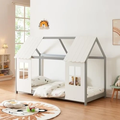 Afbeelding van [en.casa] Lit Cabane avec Fenêtres et Toit Enfant Forme Maison Design Sommier à Lattes pour Chambre d&#039;Enfant en Bois de Pin Contreplaqué 90 x 200 cm Gris Blanc