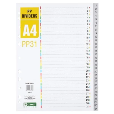 Afbeelding van D.RECT Register A4 PP31 31 ringverdelers met cijfers 1 grijs kleurscheider polypropyleen