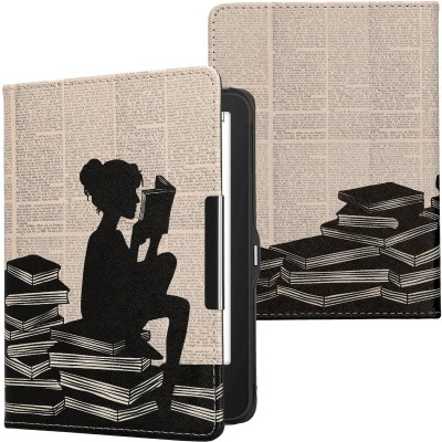 Afbeelding van kwmobile E reader hoesje geschikt voor Tolino Vision 1 / 2 3 4 HD hoes flip case met magnetische sluiting Ereader cover Meisje boeken design in zwart beige