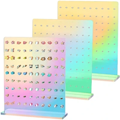 Afbeelding van NiHome Set van 3 iriserende oorbelhouders met 90 regenbooggaten, oorbellen voor en sieraden, acryl opbergrek meisjes vrouwen