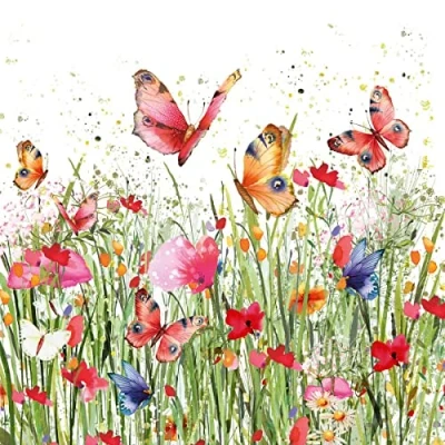 Afbeelding van Servietten Blumen 20 stuks tafelservetten, bloemenweide vol vlinders en bloemen, lente zomer, tafeldecoratie, 33 x cm