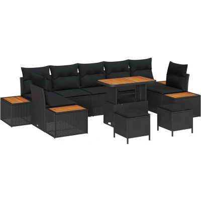 Afbeelding van vidaXL 10 Delige Tuin Sofaset met Kussens Zwart Poly Rattan Acacia