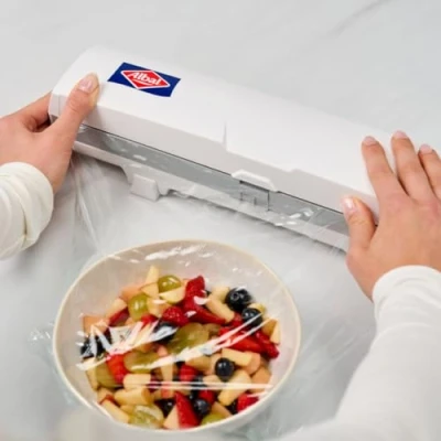 Afbeelding van ALBAL Universele dispenser voor vershoudfolie (37 x 9 cm), stretchfolie, aluminiumfolie en bakpapier, vershoudfoliedispenser schoon snijden met één druk