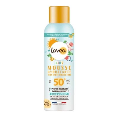 Afbeelding van LOVEA Hydraterend schuim Kids SPF 50+ Zeer hoge bescherming tegen de zon voor gezicht en lichaam Abrikoos geur UVA/UVB Gevoelige Huid Waterbestendig Vegan Gemaakt in