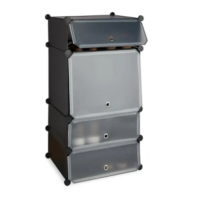 Afbeelding van Relaxdays Schoenenkast kunststof rek 4 vakken systeem plug in deuren kast h x b d: 91 49 36,5 cm, zwart