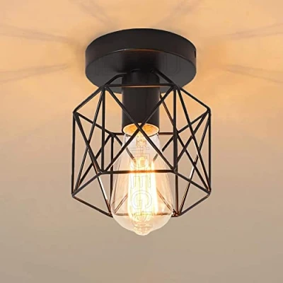 Afbeelding van iDEGU Industriële metalen plafondlamp, vierkante kooi, lampenkap, ijzer, schaduw lichtpunt, E27, 40 W, zwart, voor woonkamer, slaapkamer, bar (zeshoekig, 1 stuk)