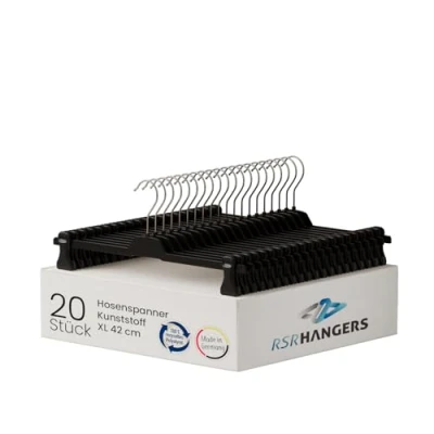 Afbeelding van RSR Hangers PUC Kleerhangers, kunststof, 42 cm, 20 stuks, antislip, verstelbare klemmen, 360 graden draaibare haak, ruimtebesparend, Made in Germany