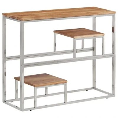 Afbeelding van Wandtafel roestvrij staal en massief acaciahout zilverkleurig
