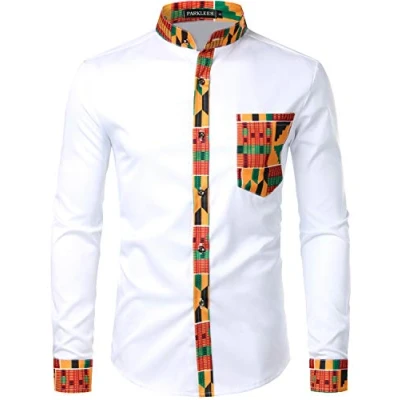 Afbeelding van PARKLEES Herenhemd met lange mouwen, tribal patroon, patchwork, slim fit, vrije tijd, feesthemd, Wit