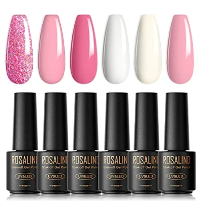 Afbeelding van ROSALIND Semi permanente nagellak, 6 kleuren, mini wit, pastel, pailletten, soak off, gel, UV, LED, nail art, permanent, off manicure
