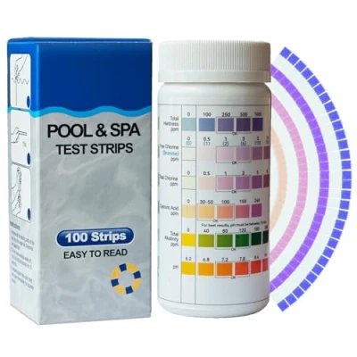 Afbeelding van 100 stuks 7 in 1 teststrips voor whirlpool, spa, volledige hardheidstest, vrij chloor, broom, totaal cyanuurzuur, totale alkaliteit, pH