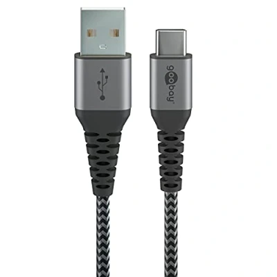 Afbeelding van goobay USB C kabel 49296 extra robuuste hoogwaardige textielkabel met metalen connectoren 1 m spacegrijs