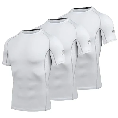 Afbeelding van AMZSPORT Compressieshirt met korte mouwen voor heren, sport, sneldrogend, Baselayer top, nieuwe generatie, 3 pakketten: wit