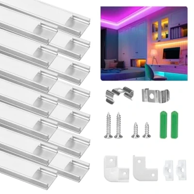 Afbeelding van Ykall Aluminium led profiel, 14 x 1 m, U vorm met transparant melkachtig wit deksel, metalen montagetips en clips, compact eenvoudig te snijden installeren voor ledstrips (zilver)