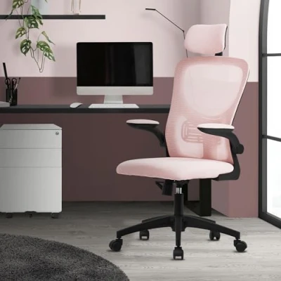 Afbeelding van Ergonomische bureaustoel roze netstof met verstelbare hoofdsteun en wielen ML design