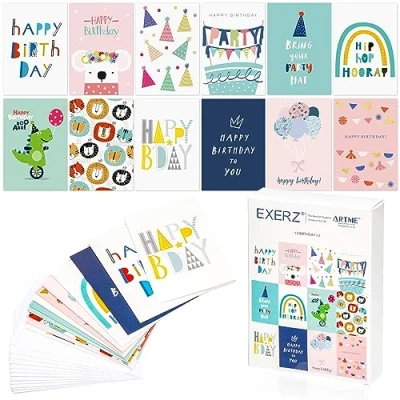 Afbeelding van EXERZ 24 bijpassende wenskaarten voor verjaardag, 12 motieven x 2 Happy Birthday kaarten, geschikt kinderen en volwassenen, jongens meisjes.