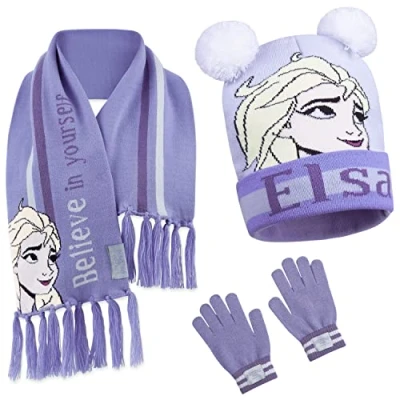Afbeelding van Disney Kindermuts voor meisjes, Elsa, ijskoningin, muts, sjaal en handschoenen, paars, Eén maat, Paars.