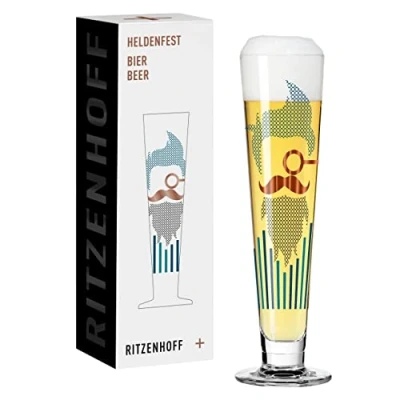 Afbeelding van bierglas 330 ml serie Heldenfest, motief nr. 10 Barber rond en meerkleurig koper, turquoise, blauw, zwart