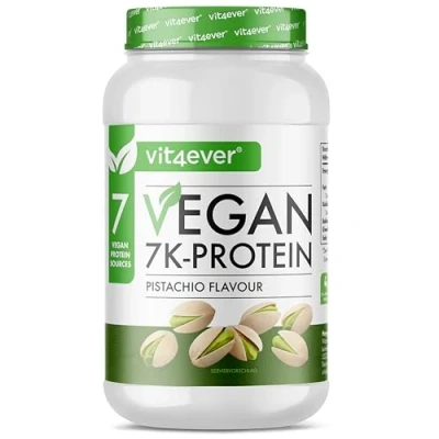 Afbeelding van Vit4ever Vegan 7K Protein 1kg Pistache smaak Zuiver plantaardig proteïnepoeder met rijst , amandel soja erwten hennep cranberry en zonnebloemproteïnen