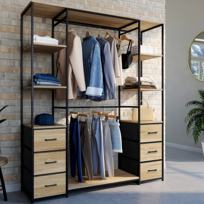 Image de Dressing industriel double penderie bois et noir avec étagères bacs