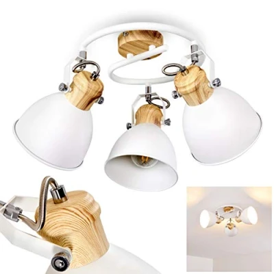 Afbeelding van plafondlamp Banjul, ronde van metaal in wit/houtlook, 3 lampen, met verstelbare spots, x E27 fitting max. 40 watt, spiraal retro/vintage design, geschikt voor ledlampen