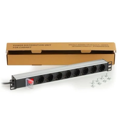 Afbeelding van Link LKMP08S Rackstekkerdoos, 19 inch, 8 SCHUKO stopcontacten met 16A stekkerschakelaar, 180 omkeerbaar