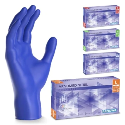 Afbeelding van ARNOMED Oceaanblauwe wegwerphandschoenen, nitril handschoenen, maat L, 100 stuks/doos, poedervrij en latexvrij, verkrijgbaar in de maten S, M, L XL