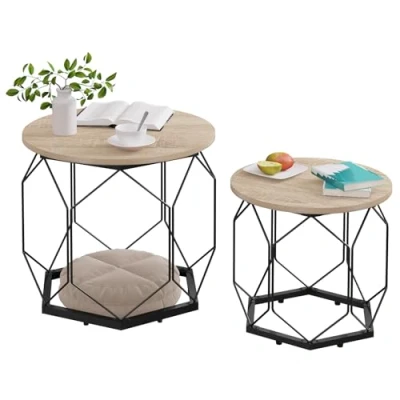 Afbeelding van WOLTU Set van 2 Nesting Salontafels, Loungetafel, Bijzettafel met Zwart Metalen Frame, Salontafel Rond Composiet Houten Blad, Industriële Stijl, Vintage Eik + Zwart, BTS05hov