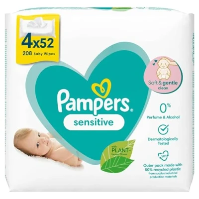 Afbeelding van 1x Pampers Billendoekjes Sensitive Navulpak 4x52 = 208 doekjes stuks