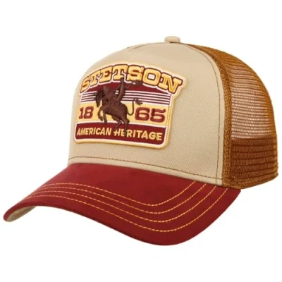 Afbeelding van Stetson Heritage Rodeo Trucker Pet voor heren, baseballpet van mesh, met vizier, voering, zomer, winter, lente, herfst, beige/rood