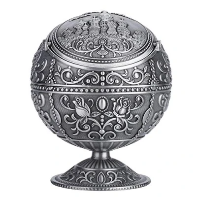 Afbeelding van Hilitand Asbak, rond, vintage kunst, metalen asbak met reliëf, geschenk, voor binnen en buiten (zilverkleurig)