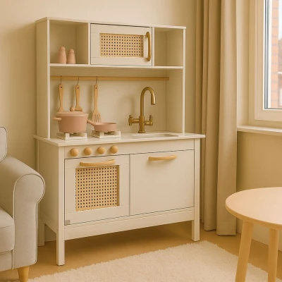 Afbeelding van Maxx kidz Houten Speelgoed Keuken Complete Speelkeuken Wit Keukentje Stevige Kinderkeuken met Accessoires Speelgoedkeuken Licht, Geluid en Pannetjes