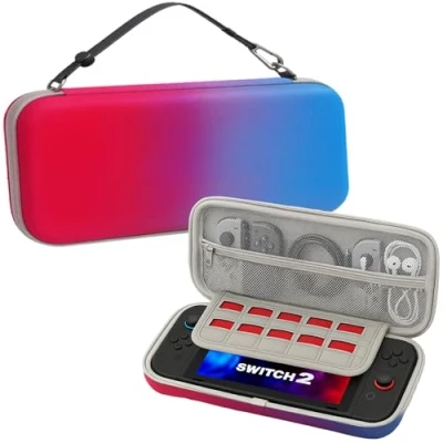 Afbeelding van Étui pour Nintendo Switch 2. Housse pochette de transport rigide avec dégradé couleurs et rangements cartouches jeux accessoires. (Rouge/Bleu)