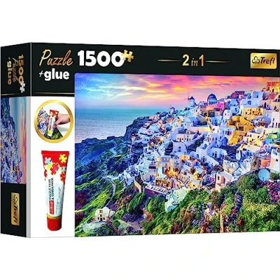 Afbeelding van Trefl 26182 2 in 1 puzzel + lijm, 1500 stukjes, prachtig eiland Santorini, Griekenland, en conserveringsmiddelen, mappen combinaties van elementen, creatief entertainment,